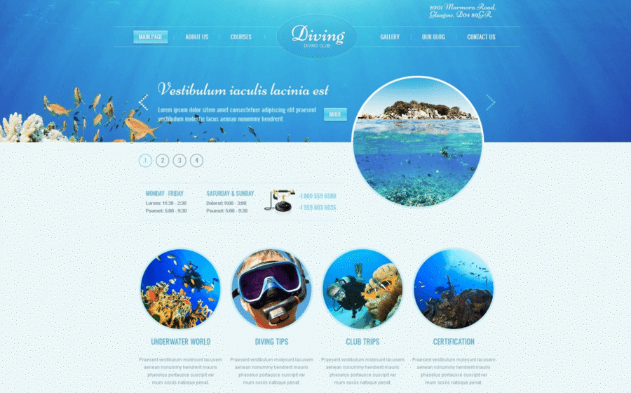 Психологія кольору у веб дизайні, синій, Diving Center | Generator-Online.com