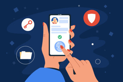 Mobile access control by fingerprint for identification. Human forefinger touch on screen of smartphone to scanning. Online security concept. Personal data protection with biometric technology.
